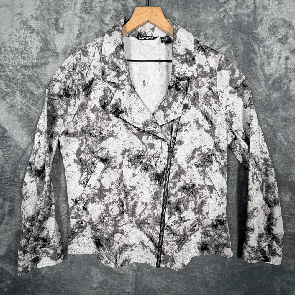 DKNY Jeans Womens Moto Jacket XL Abstract Print Black‎ White Cotton Full Zip